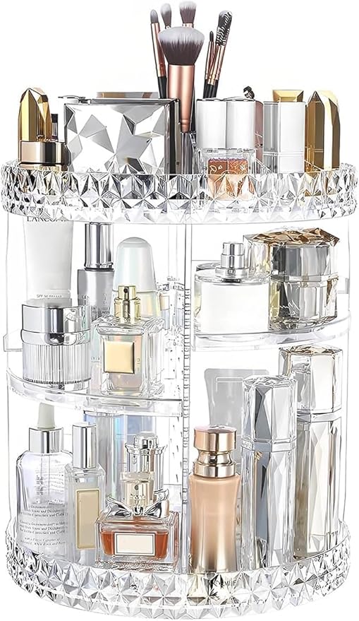 ZHIAI 360 Rotating Makeup Organizer, Large Capacity Cosmetics Organizer for Perfume Holder Organizer Countertop, DIY Adjustable Bathroom Makeup Carousel Holder Rack, Clear Diamond