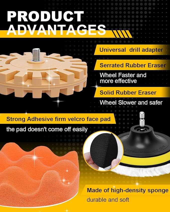 18Pcs Decal Remover Wheel Kit, Rubber Wheel for Tape Sticker Adhesive Removal Tool, with Serrated&Solid Eraser Wheel, Polishing Pads and Razor Blades