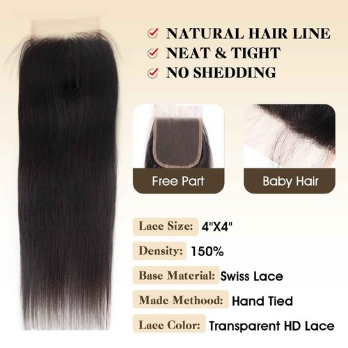 Human Hair Bundles with Closure Straight(14 16 18 +12,Free Part) Closure with 3 Bundles Brazilian Virgin Hair 16A Extensions with Pre Plucked with Baby Hair 4X4 HD Lace Closure Natural Black Color