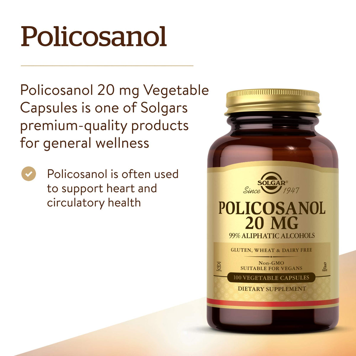 Solgar Policosanol 20 mg, 100 Vegetable Capsules - Supports Heart Health - General Wellness - Vegan, Gluten Free, Dairy Free, Kosher - 100 Servings