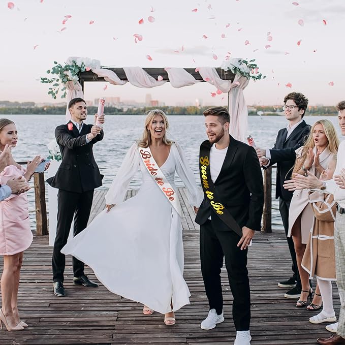 2 Pcs Bride to Be and Groom to Be Sash, Black & White Bachelorette & Bachelor Sashes for Bridal Shower Wedding Hen Party Decorations Lucky Mr & Future Mrs Engagement Gifts (Gold, Rose Gold Foil)