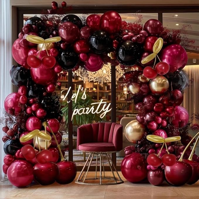 Burgundy Black Balloon Arch Double Stuffed Dark Ruby Red Gold Maroon Black Balloon Garland Kit for Birthday Valentine Day Wedding Bridal Shower Engagement Cherry Anniversary Party Decor