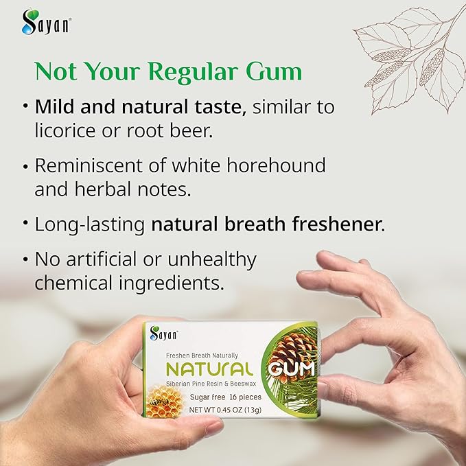 Sayan Sugar Free All Natural Gum, Siberian Pine Tree Resin and Beeswax Chewing Gum for Fresh Breath, Vegetarian, Non-GMO, No Sugar, Gluten Free, Aspartame Free, No Preservatives - 1 Pack (16 Pieces)