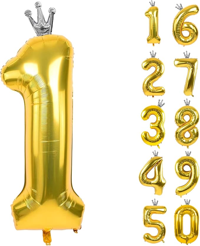 Gold Number 1 Balloon with Crown, 40 inch Gold Number Balloon 1st Birthday Party Decoration Gold Crown Balloons 0-9 for Birthday Party Anniversary Decorations Supplies