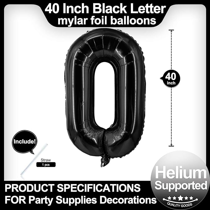 40 Inch Black Letter O Balloons, DIY Phrase Foil Alphabet Letter O Balloons DIY Word O Banner for Birthday Anniversary Celebration Graduation Party Supplies Decoration
