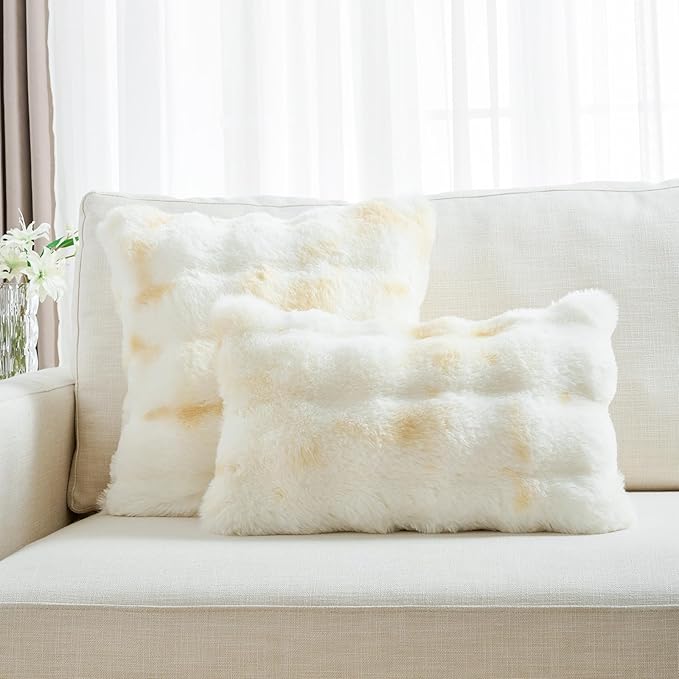 FUTEI Yellow White Decorative Throw Pillow Covers 26x26 Inch Set of 2,Soft Fuzzy Faux Rabbit Fur Euro Pillow Shams with Raised Texture,Neutral Boho Home Decor for Couch Bed Living Room
