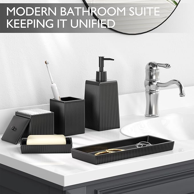 Bathroom Set - Black Bathroom Accessories Set, 5PCS Ceramic Bathroom Accessory Set, Bathroom Sets with Soap Dispenser, Toothbrush Tumbler, Soap Dish, Q-tip Holder & Vanity Tray