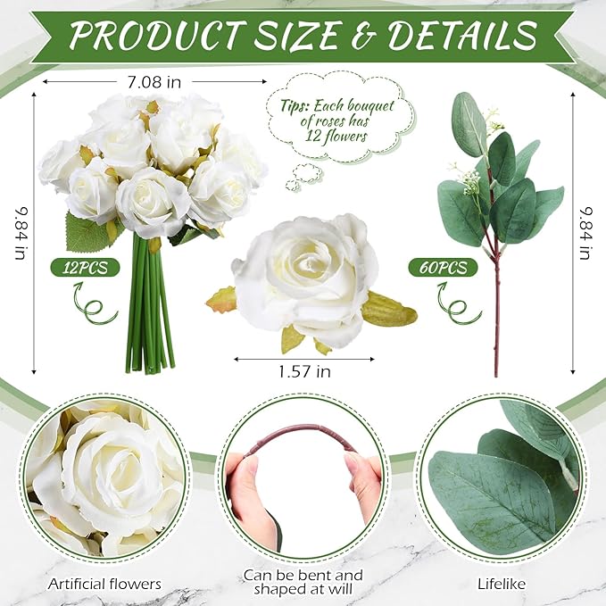 Zeyune 12 Bunches Wedding Bridesmaids Bouquets 144 Heads 7 Inch Artificial Rose Bouquets Silk Fake Flower Bulk with Stems for Valentine's Day Wedding Bridal Shower Home Party Decor(White)