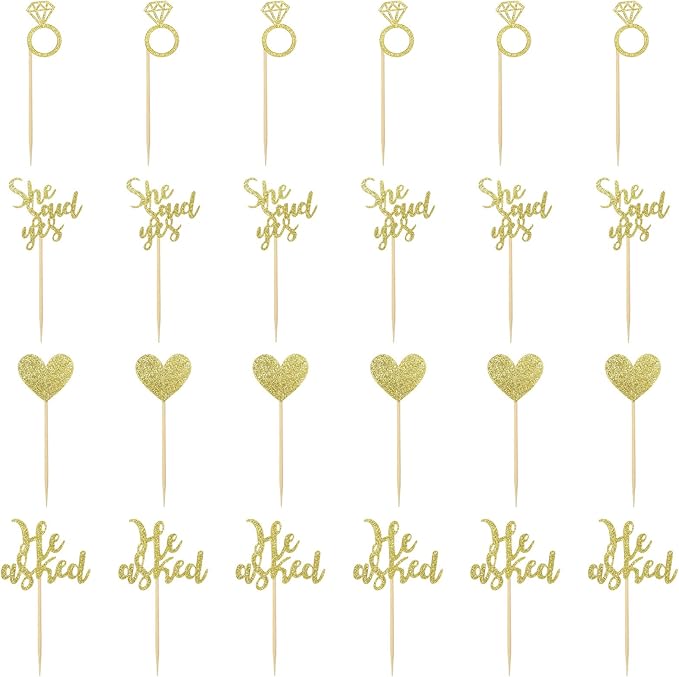 24 Pcs He Asked She Said Yes Cake Topper Gold Cupcake Toppers Heart Diamond Ring Cupcake Picks Glitter Cupcake Decorations for Wedding Engagement Bridal Shower Party Cake Decorations