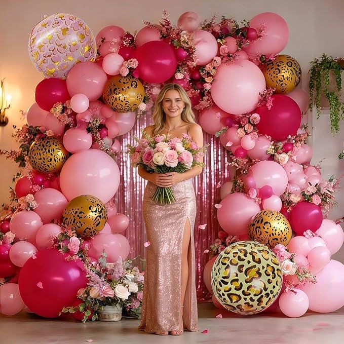 Hot Pink Balloon Arch Kit, Double Stuffed Dark Light Pink Magenta Gold Cheetah Print Balloons Fringe Curtain for Mother's Day Birthday Bridal Baby Shower Safari Jungle Party Decorations