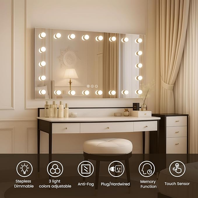 WTTY LED Bathroom Mirror with Lights 60"x30" Hollywood Wall-Mounted Mirror with 3 Color Temperatures, Stepless Dimmable Bulbs, Anti-Fog & Shatter-Proof