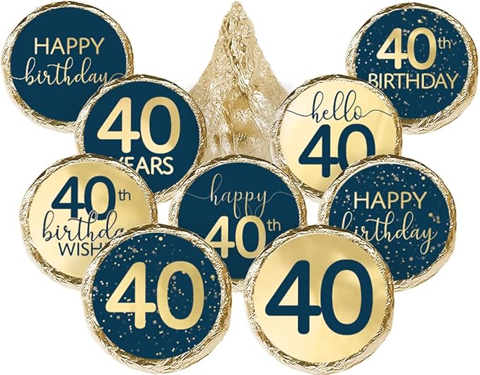 40th Birthday Party Favor Stickers – 180 Navy Blue and Gold Foil Labels for Chocolate Kisses – Candy Decorations for 40th Birthday Celebration – Milestone Party Supplies for Him or Her
