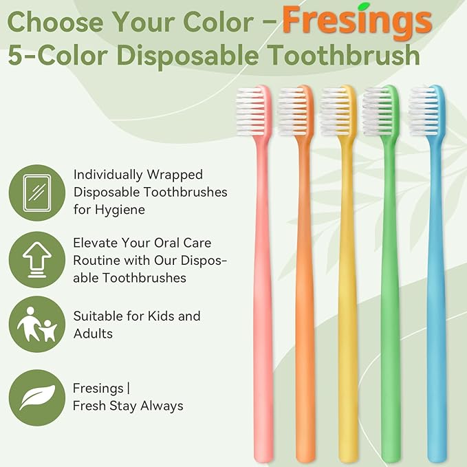100 Pack Disposable Toothbrushes Bulk – Individually Wrapped Soft Bristles Single Use for Adults & Kids, Travel Hotel Guest Dental Office Donation Emergency Hygiene,Minimalist Design 5 Colors