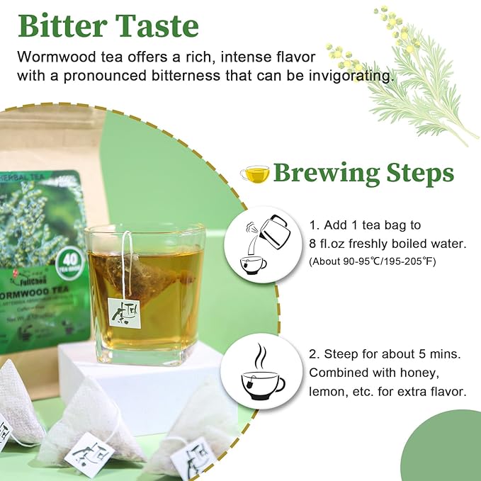Fullchea - Wormwood Tea Bags, 40 Teabags - Bitter Herbal Tea - Pure Wormwood - Non-GMO - Caffeine-Free - Support Digestion & Well-being