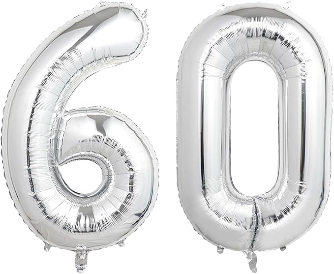 Number Balloons Silver Party Balloon - Giant Number 60 Balloon, 40 Inch Large Balloon for 60th Birthday Decorations, Silver Party Supplies for Anniversary