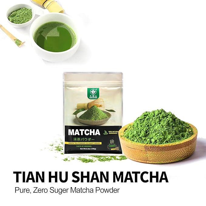TIAN HU SHAN Matcha Green Tea Powder 3.5oz/100g, Pure Matcha Powder Culinary Grade Unsweetened for Lattes, Cooking, Baking, Vegan 100% Natural （Package May Vary)