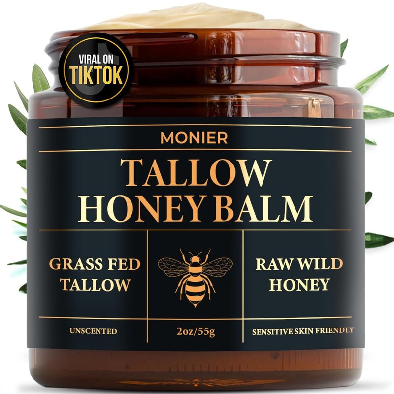 MONIER Tallow and Honey Balm for Face, Beef Tallow for Skin, Moisturizer with 100% Organic Grass-Fed Beef Tallow & Raw Wild Honey - Natural Formula for Dry & Sensitive Skin (Unscented - 2 Pack)