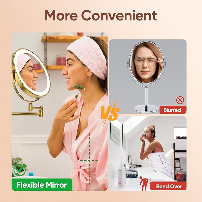GURUN 8" Rechargeable Wall Mounted Makeup Mirror- 10X Magnifying Mirror with Light | 3 Color LED Lighting & Touch Control | 360° Rotation & Extended Arm | Dual-Sided Bathroom Mirror M1406DGJ(8",10X)