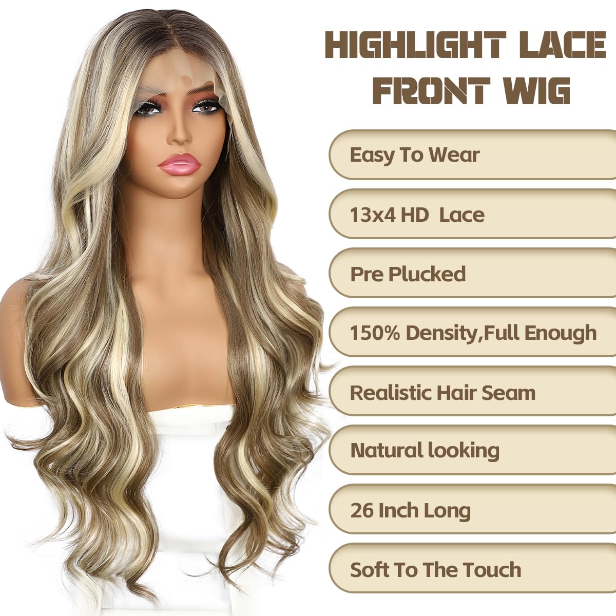BABEHERS Blonde Lace Front Wig for Women 13x4 Body Wave Synthetic Wig Omber Pre-plucked Long Wavy 150% Density Natural Heat Resistant Hair Daily Use 26 Inch