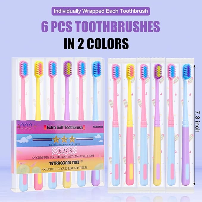 6 Pieces Individually Wrapped Extra Soft Toothbrush for Sensitive Teeth & Gums - Gum Care Toothbrush with 4000 Ultra-Soft Bristles, Compact Small Head (Macaron Color)