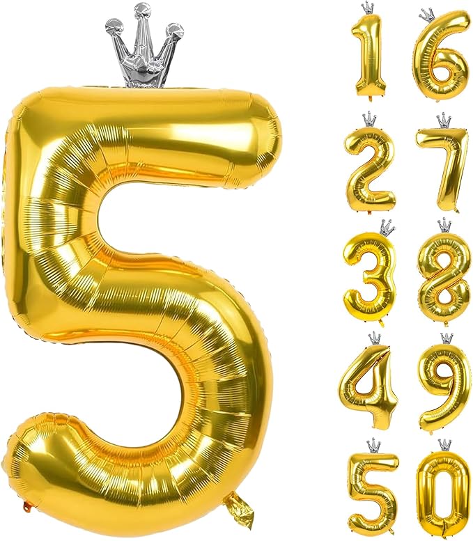 Gold Number 5 Balloon with Crown, 40 inch Gold Number Balloon 5th Birthday Party Decoration Gold Crown Balloons 0-9 for Birthday Party Anniversary Decorations Supplies