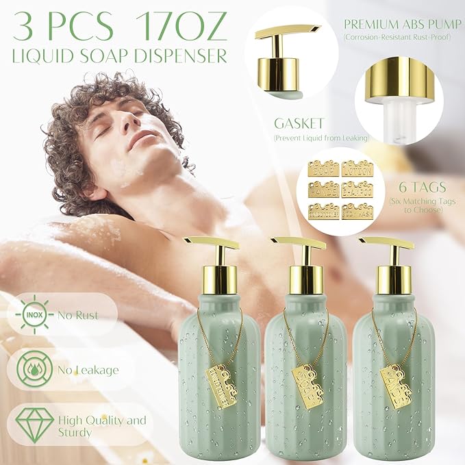 17PCS Bathroom Accessory Set Bathroom Set Green Bathroom Decor,Toilet Brush, Trash Can, Qtip Holder Dispenser& 3PCS Soap Dispenser