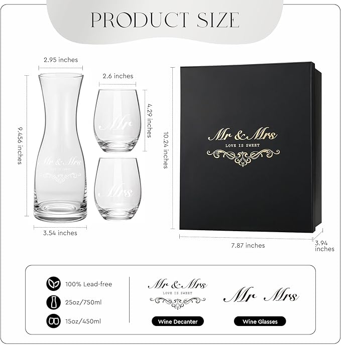 AW BRIDAL Wedding Gifts for Couples 2026, Mr and Mrs Wine Glasses with Decanter Set for Anniversary, Engagement Gift for Newly Engaged Couple, Bridal Shower Gift for Bride to Be