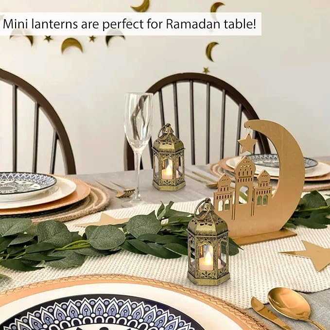 LLQ 12Pcs 5-Inch Ramadan Mini Lanterns - Ramadan & Eid Mubarak Decorations - Vintage Table Centerpieces for Wedding&Christmas Decor - LED Flickering Lantern Light for Hang Ornaments(Brushed Brass)
