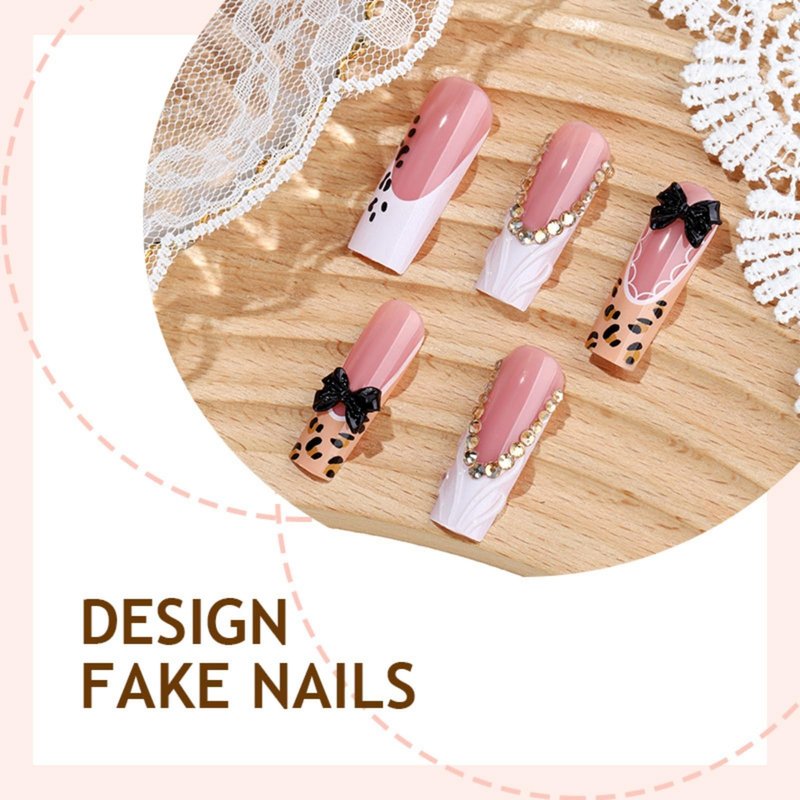 OCTOSWAVE Long Square Press on Nails - Leopard & 3D Black Bow French Tip Nude Pink Acrylic Glue on Nails, 24 Pcs Y2K Trendy Fake Nails for Women