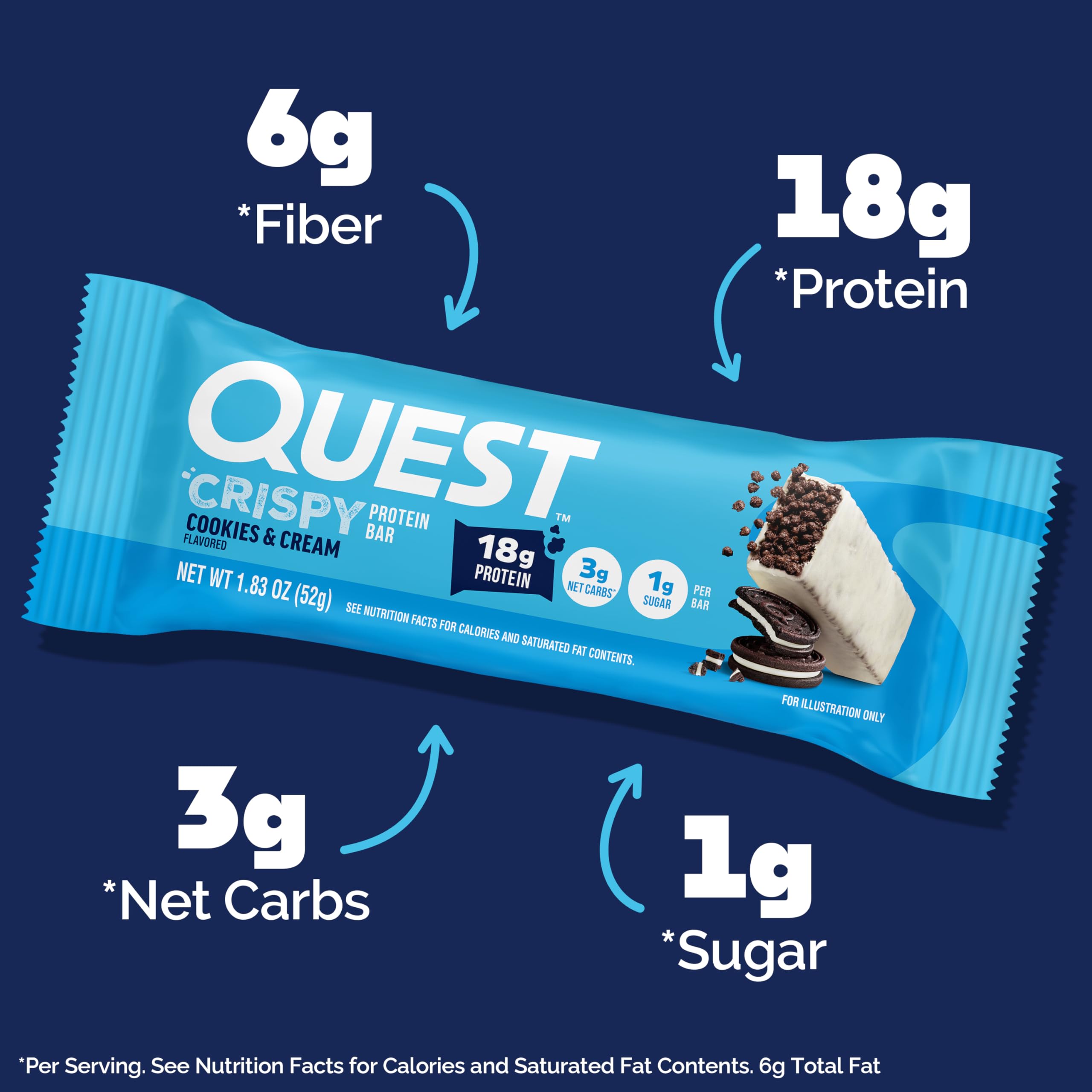 Quest Nutrition Crispy Cookies & Cream Hero Protein Bar, 18g Protein, 1g Sugar, 3g Net Carb, Gluten Free, Protein Snack, Keto Friendly, 12 Count