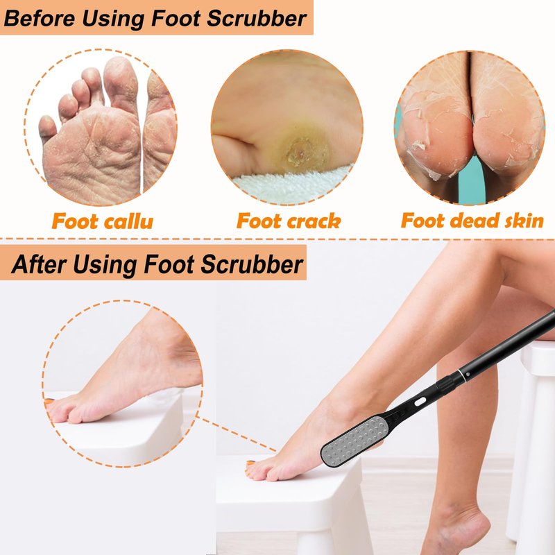 Gobiteli Foot Scrubber with Foot Files for Feet, 18.8"-26" Telescopic Long Handle Foot File for Feet Care Remove Hard Skin, Foot Brush for Shower for Seniors,Men and Women