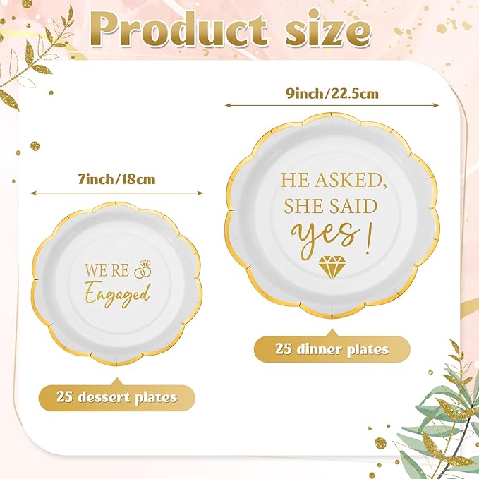 Yungyan 50 Pack Engagement Paper Plates White and Gold Engagement Party Decorations 7" 9" Gilded Edge He Asked She Said Yes We're Engaged Plates for Wedding Birthday Party Bridal Shower Supplies