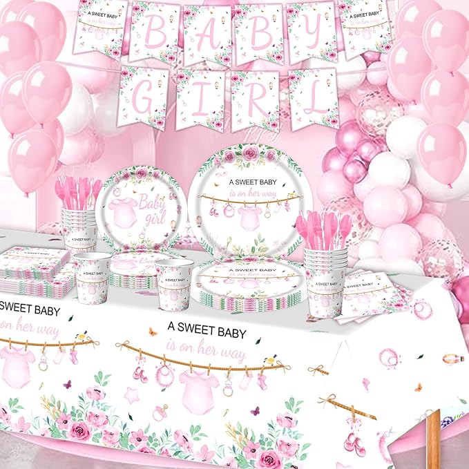 Pink Baby Girl Shower Party Supplies Tableware Sets,Includes Disposable Plates, Napkins, Cups,Straws,Cutlery, Balloons, Banner, and Tablecloth for Party Baby Shower Birthday Decorations,Serves 20