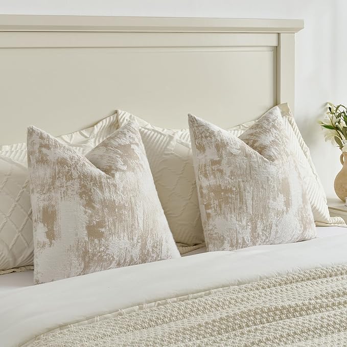 FUTEI Brown White Decorative Throw Pillow Covers 26x26 Inch Set of 2,Soft Faux Cashmere Jacquard - Textured & Cozy Euro Pillow Shams,Modern Home Decor for Couch Bed Living Room