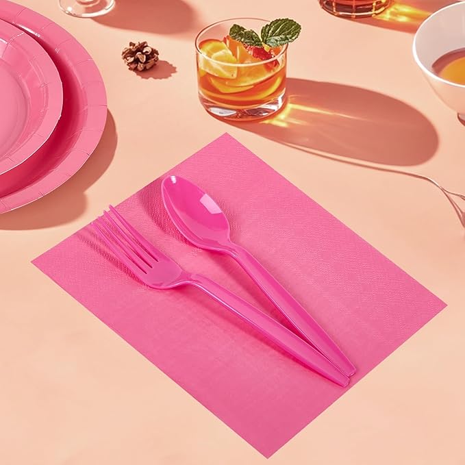 Ottin 169PCS Hot Pink Party Supplies for 24 Guests – Disposable Paper Plates, Napkins, Cups, Forks, Knives, Spoons & Tablecloth for Birthday, Wedding, Halloween, Thanksgiving, Christmas, and New Year
