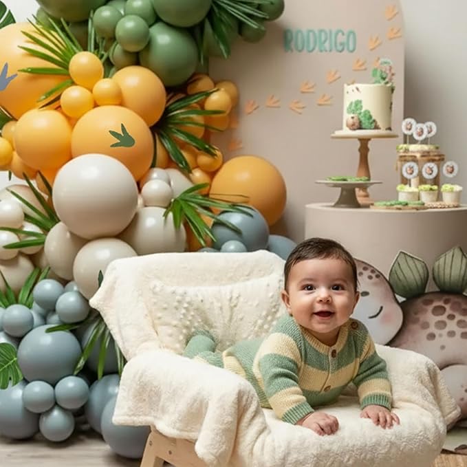 Dinosaur Balloon Arch Kit, 144pcs Dusty Blue, Sage Green & Yellow Latex Balloons with Footprint Stickers, Monstera Leaves for Boy's Three Rex Birthday, Baby Shower
