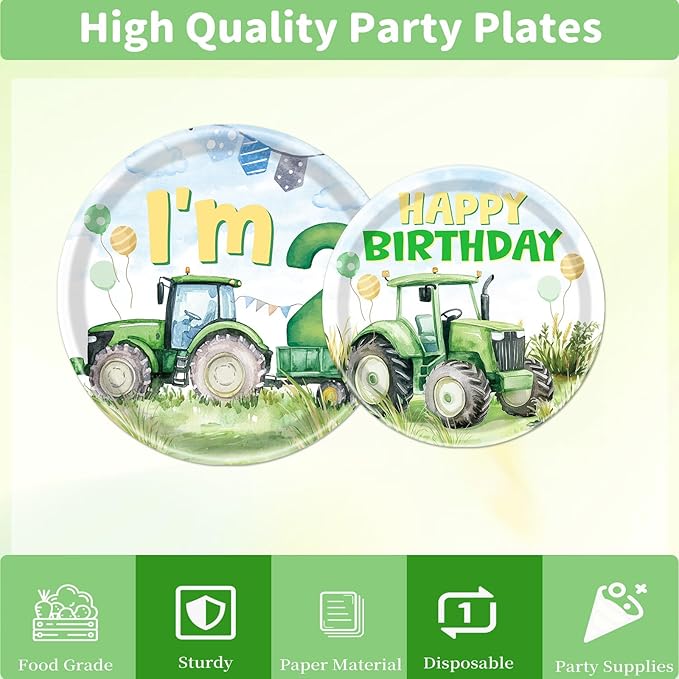 Rakuto Tractor 2nd Birthday Decorations Supplies, 96PCS Tractor Party Plates Napkins and Forks Set, Disposable Farm Two Years Old Birthday Tableware for Boys Serves 24