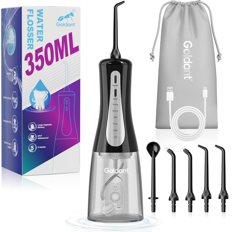 GOLDANT 2026 New 350ML Water Dental Flosser Teeth Pick with Bag, 5 Modes Portable Cordless Oral Irrigator Cleaner, Electric Rechargeable IPX7 Waterproof for Home Travel Teeth Cleaning Flossing (Black)