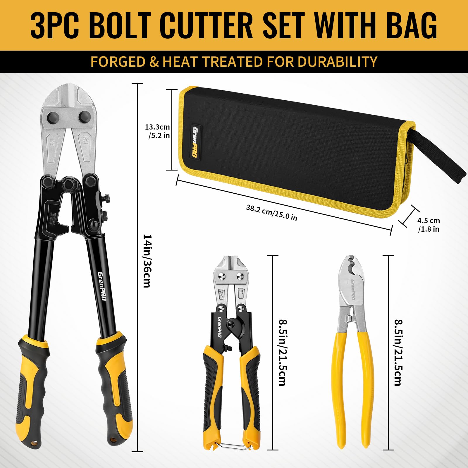 GRENPRO 3-Piece Bolt Cutter Pliers Set, 14" Heavy Duty Bolt Cutter, 8" Mini Wire Cutter, 8" Cable Cutter with Carrying Bag, Cr-V Blade for Metal, Key, Lock, Craft & Hard Wire, Screw, Chains Hand tool