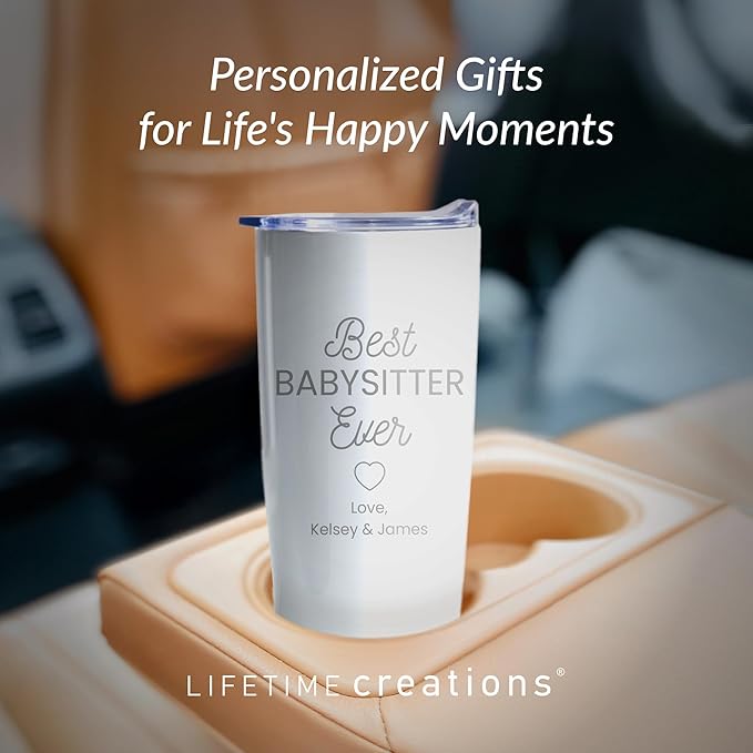 Lifetime Creations Engraved Personalized Best Nanny Ever Stainless Steel Tumbler with Lid 20 oz (White) - Baby Sitter, Daycare Teacher, Caretaker Coffee Travel Mug Gift