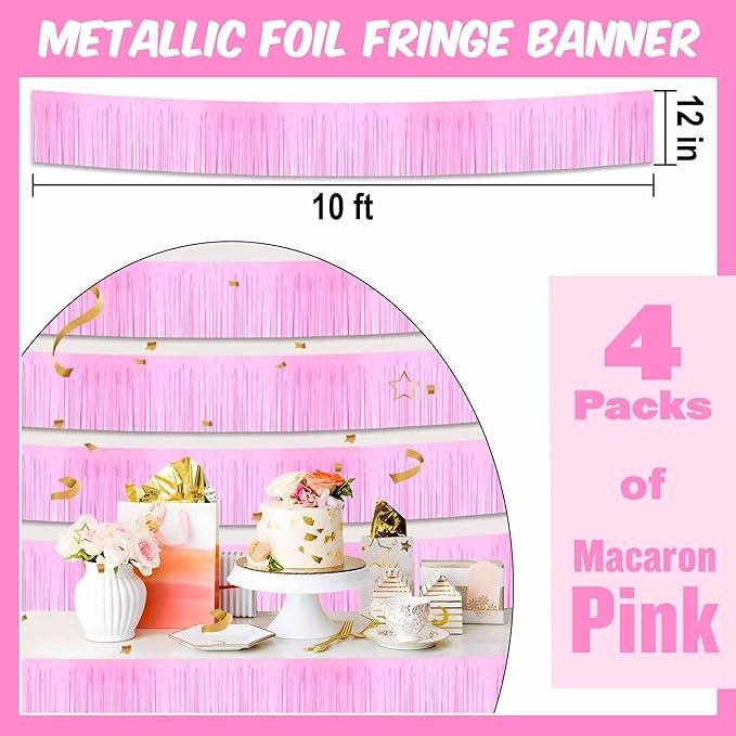 4 Pack 10 Ft Macaron Pink Foil Fringe Garland Metallic Streamers Tinsel Banner Wall Hanging Garland Backdrop for Parade Floats, Graduation, Theme Party, Carnival, Birthday, Wedding Party Decorations