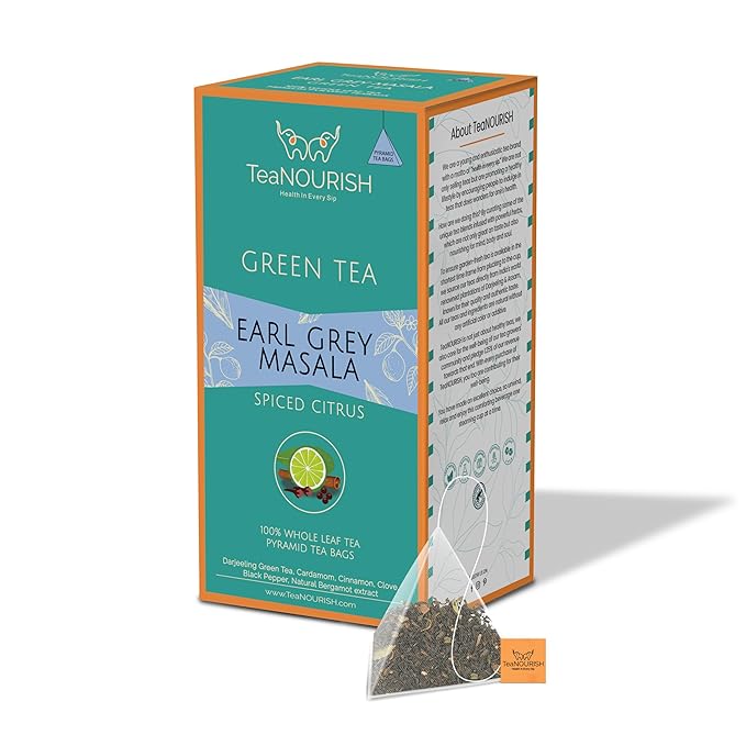 TeaNOURISH Earl Grey Masala Green Tea | 20 Count Pyramid Tea Bags | Spiced Citrus | Darjeeling Whole Tea | Blended with Indian Aromatic Spices enriched with Bergamot extract