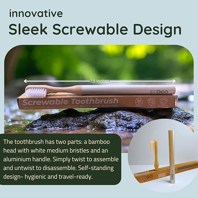 Screwable Toothbrush with Bamboo Head & Aluminum Handle – Eco-Friendly, Compact, Travel-Ready, Self-Standing, Durable, Replaceable Heads for Sustainable Oral Care