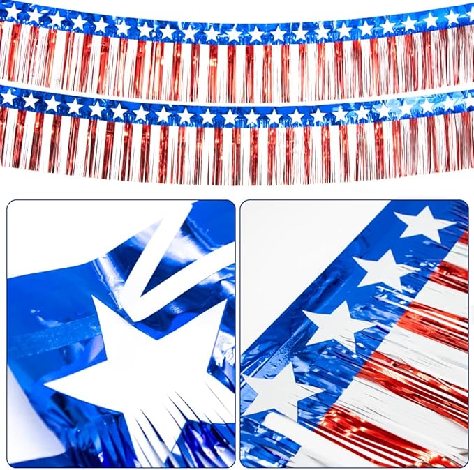 4 Packs 10 Feet Long Foil Fringe 4th of July Star Garland Memorial Day USA Red White Blue Independence Day Tinsel Metallic Streamers Patriotic Banner Car Parade Floats Garden Trailer Decor