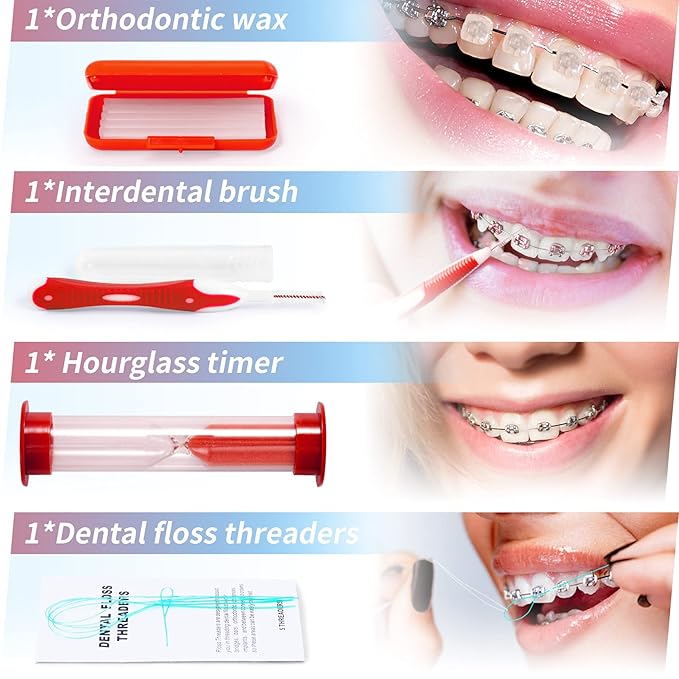 Annhua Braces Cleaning Kit Orthodontic Care Kit 8 Pack, Portable Tooth Cleaning Tools Family Oral Care Hygiene Set with Interdental Brush, Ortho Wax, Floss, Oral Mirror - Red