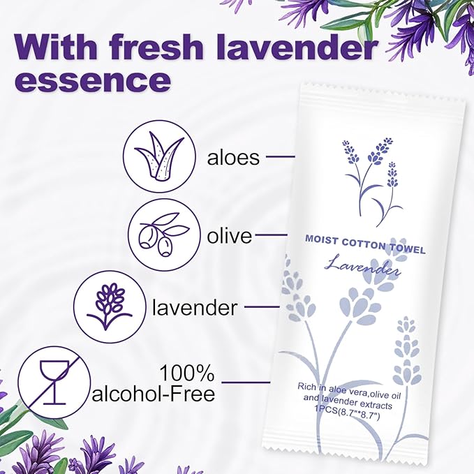 Moist Cotton Towel Bulk Moist Towelettes Individually Wrapped,White Towel Services,Refreshment Pre Moistened Towels for Dentist Travel Sport Party Hotel 200,Lavender