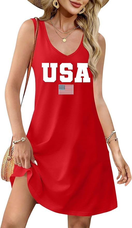 LHBNK 4th of July Dress for Women: American Flag Tank Dresses Star Striped Splicing Loose V Neck Sundresses