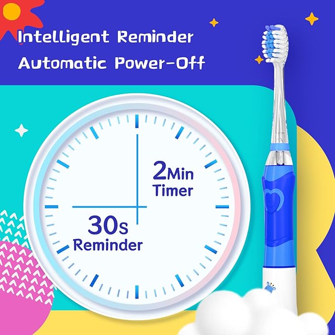 Kids Electric Toothbrush with 2 Minute Timer 30 Seconds Reminder and 4 Replacement Bursh Heads,Color Led Lights,24,000 Vibrations Girls Battery Power Toothbrush for Ages 4-12 Years(Purple)