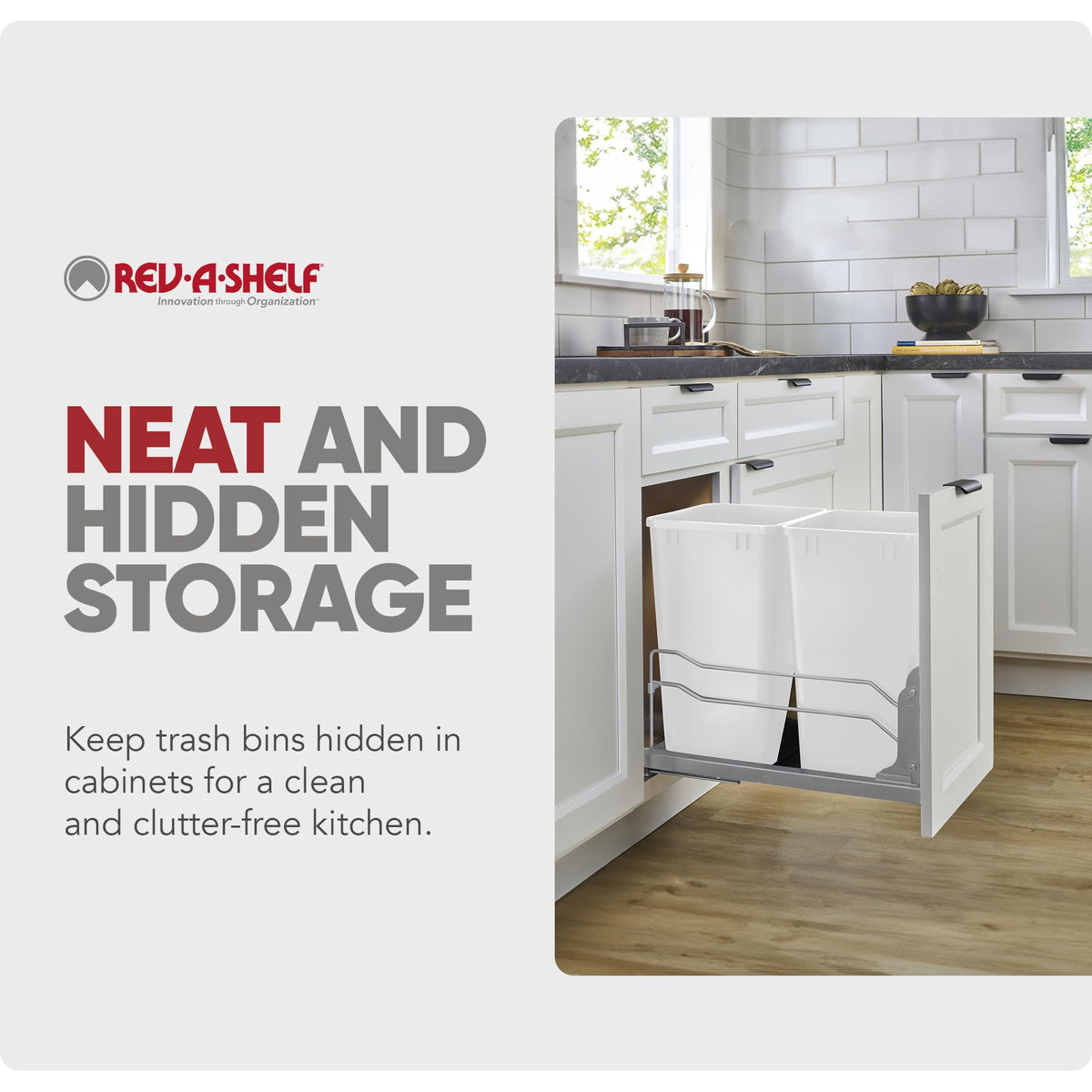 Rev-A-Shelf Double 35 Qt Pullout Trash Cans with Soft-Close for Under Kitchen Cabinets, Min Opening Width of 14.5", White, 53WC-1835SCDM-211