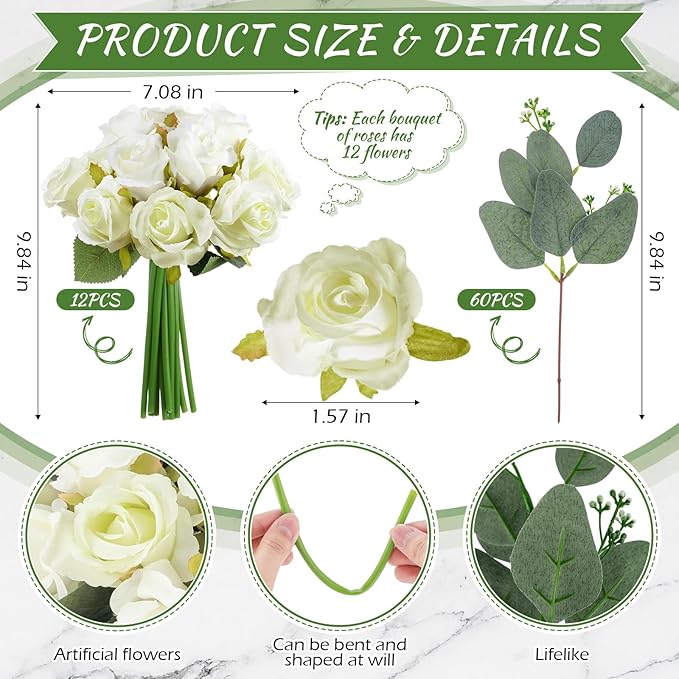 Zeyune 12 Bunches Wedding Bridesmaids Bouquets 144 Heads 7 Inch Artificial Rose Bouquets Silk Fake Flower Bulk with Stems for Valentine's Day Wedding Bridal Shower Home Party Decor(White Green)